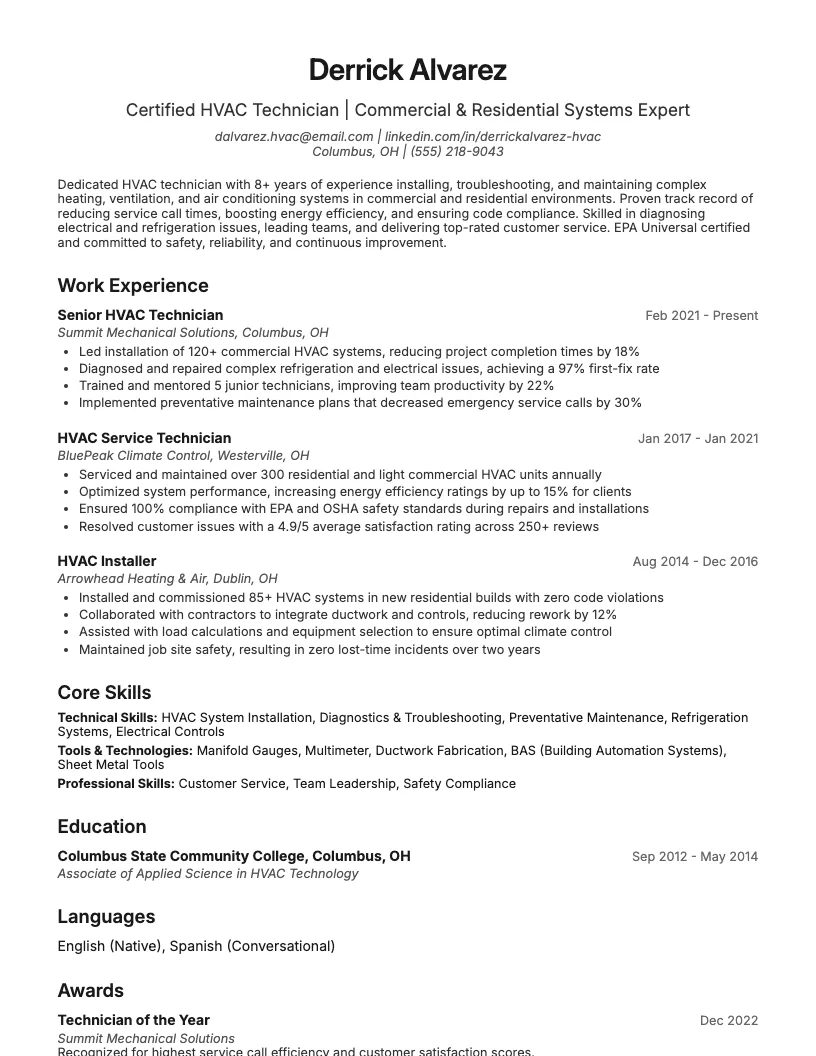 Hvac Resume Example