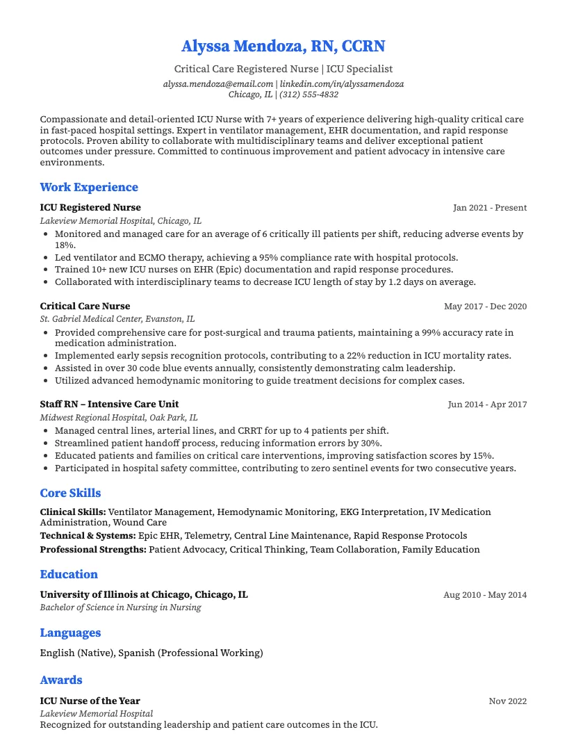 ICU Nurse Resume Example