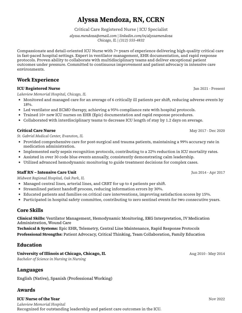 Icu Nurse Resume Example