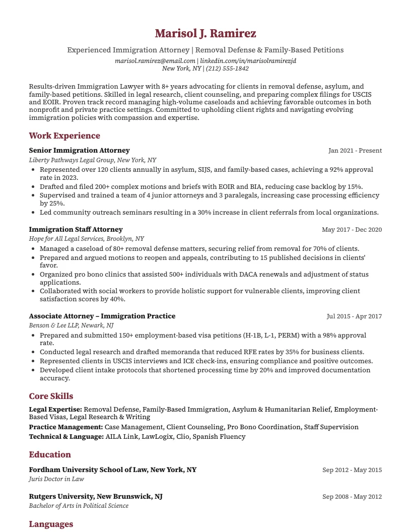 Immigration Lawyer Resume Example