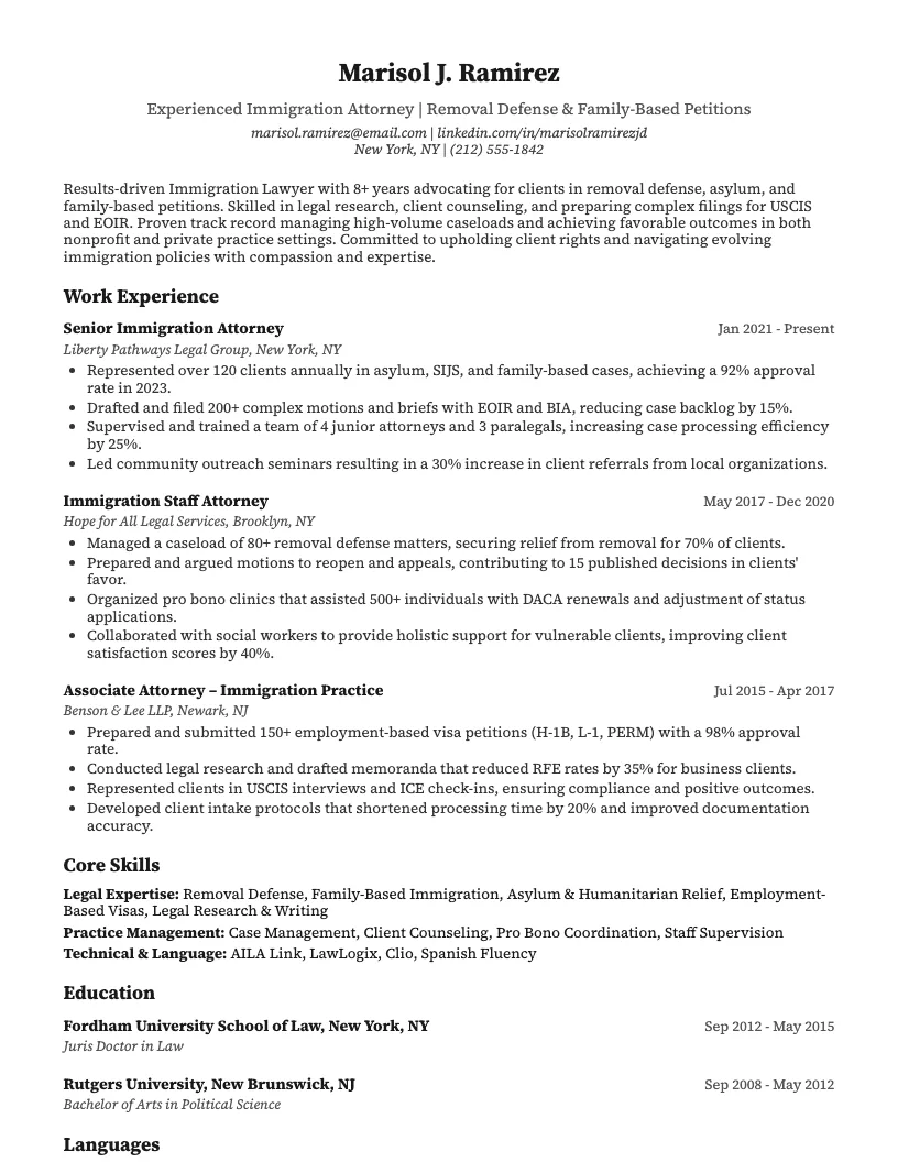 Immigration Lawyer Resume Example