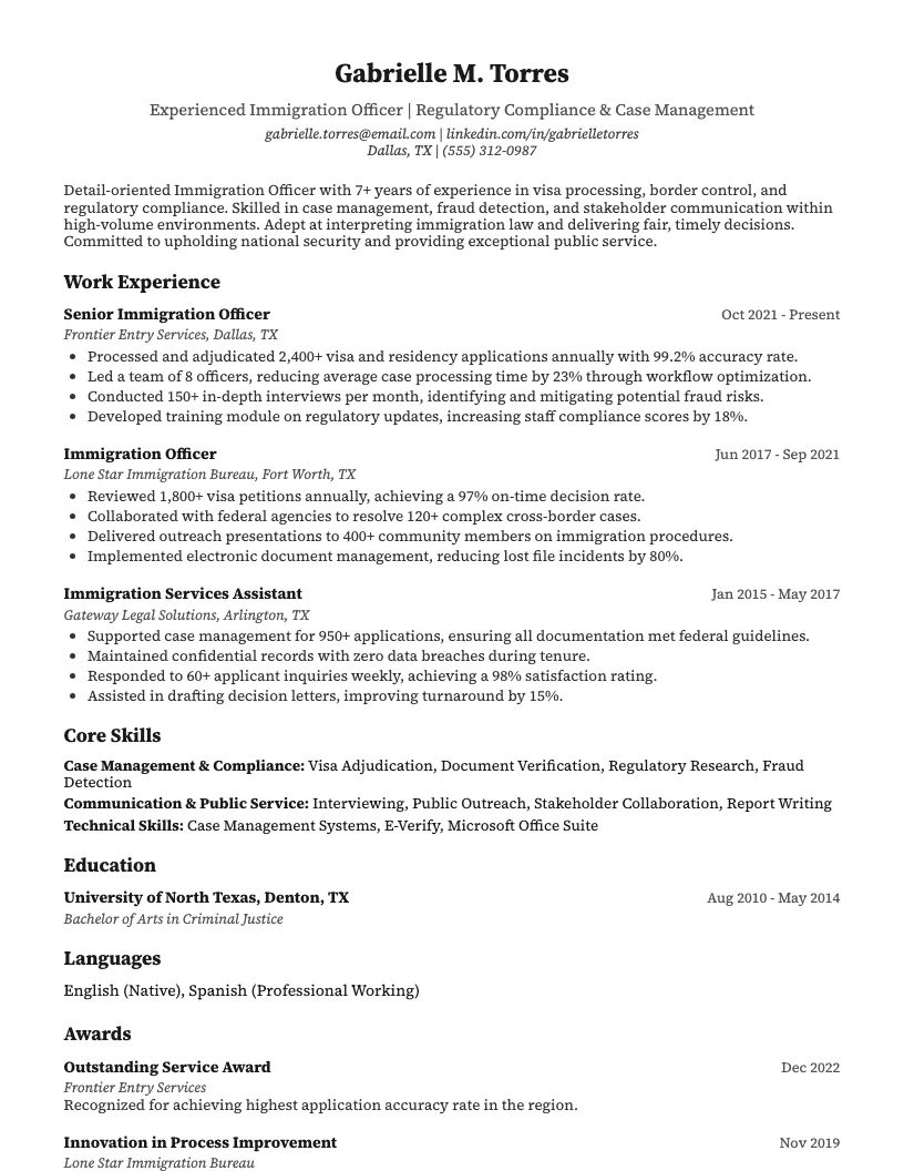 Immigration Officer Resume Example