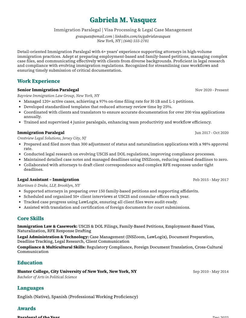 Immigration Paralegal Resume Example