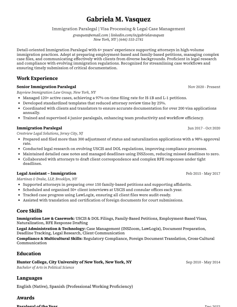 Immigration Paralegal Resume Example
