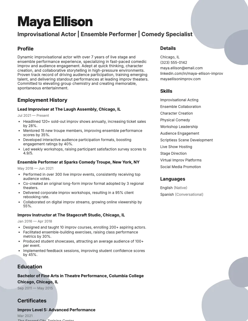 Improvisational Actor Resume Example