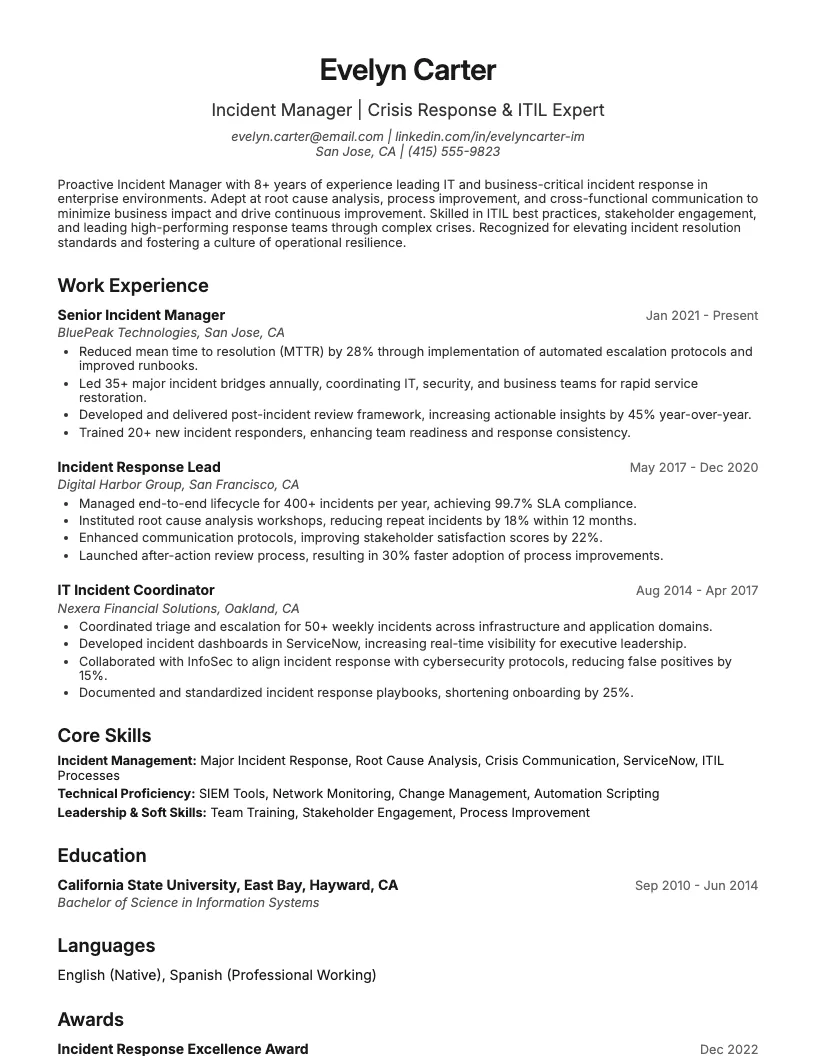 Incident Manager Resume Example