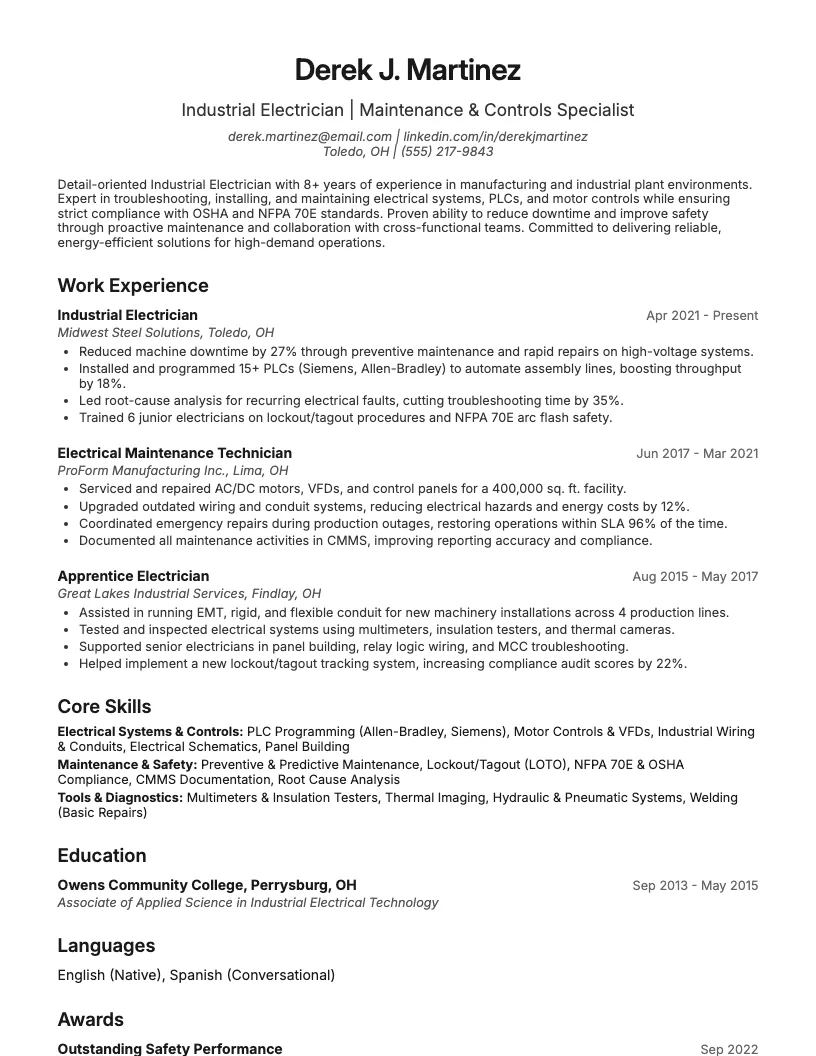 Industrial Electrician Resume Example