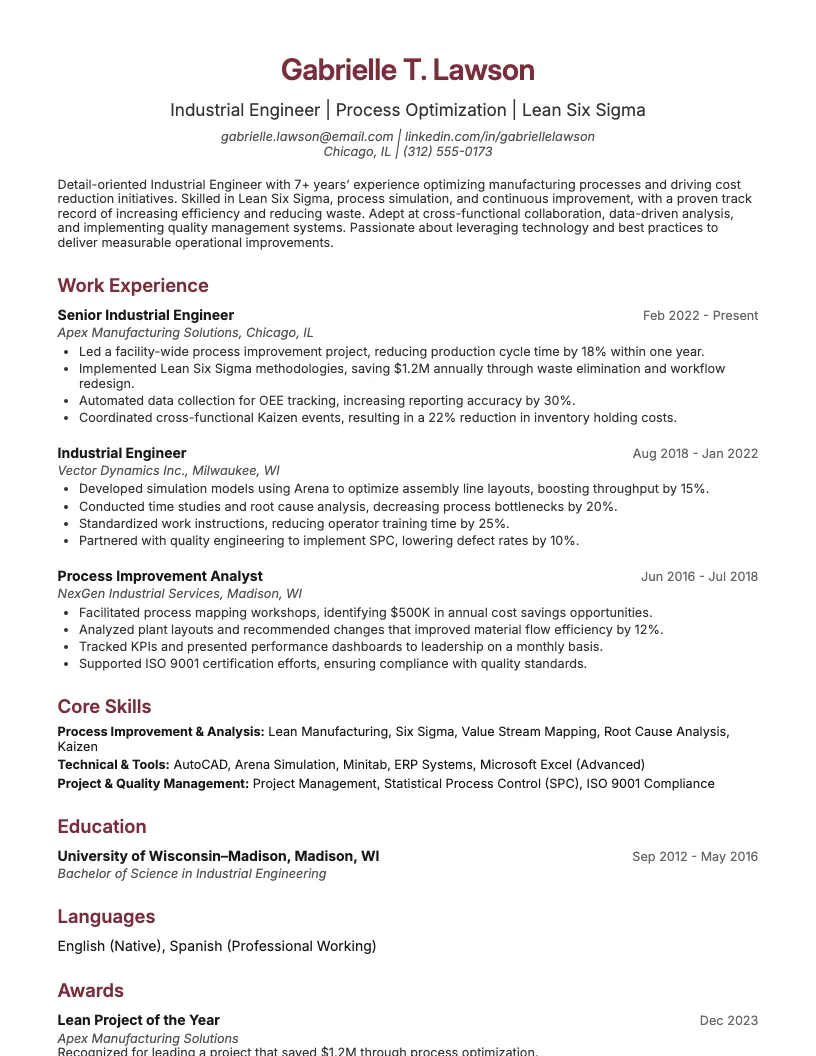Industrial Engineer Resume Example