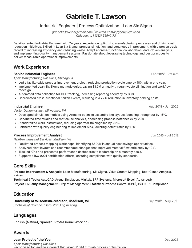 Industrial Engineer Resume Example