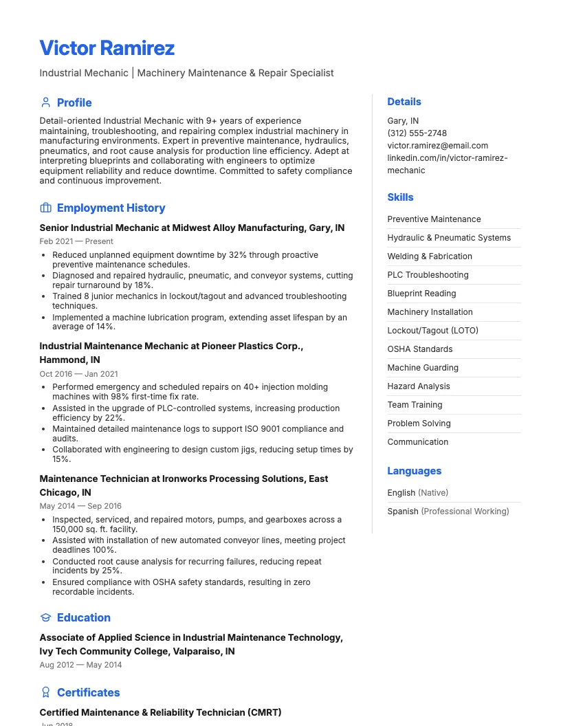 Industrial Mechanic Resume Example