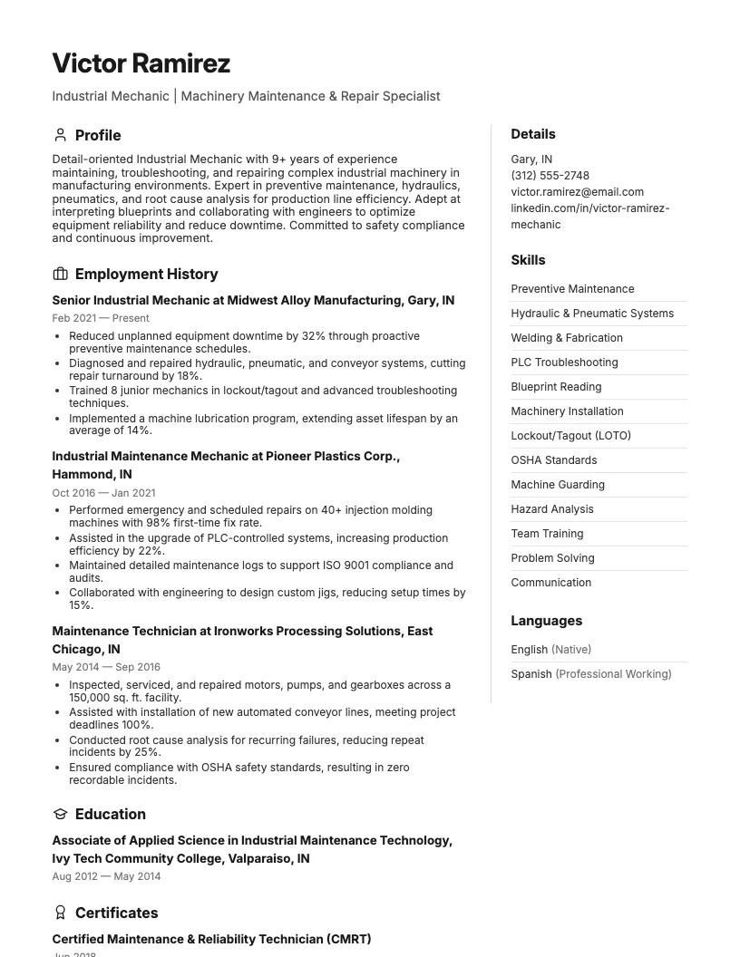 Industrial Mechanic Resume Example