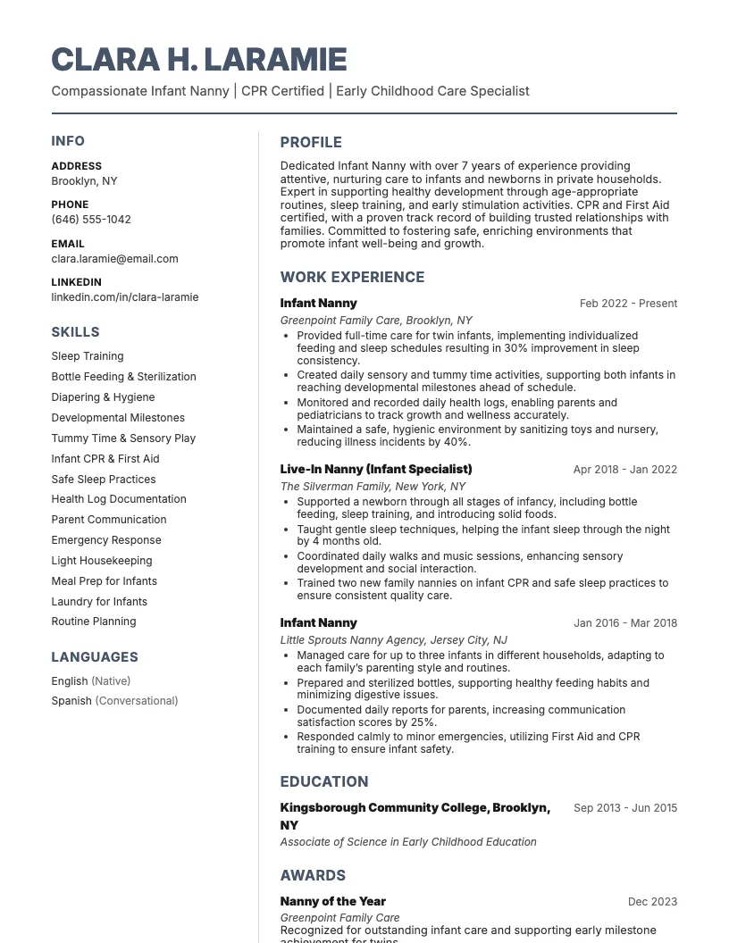 Infant Nanny Resume Example