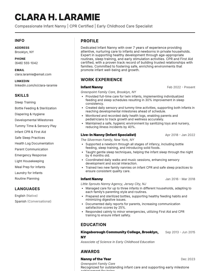 Infant Nanny Resume Example