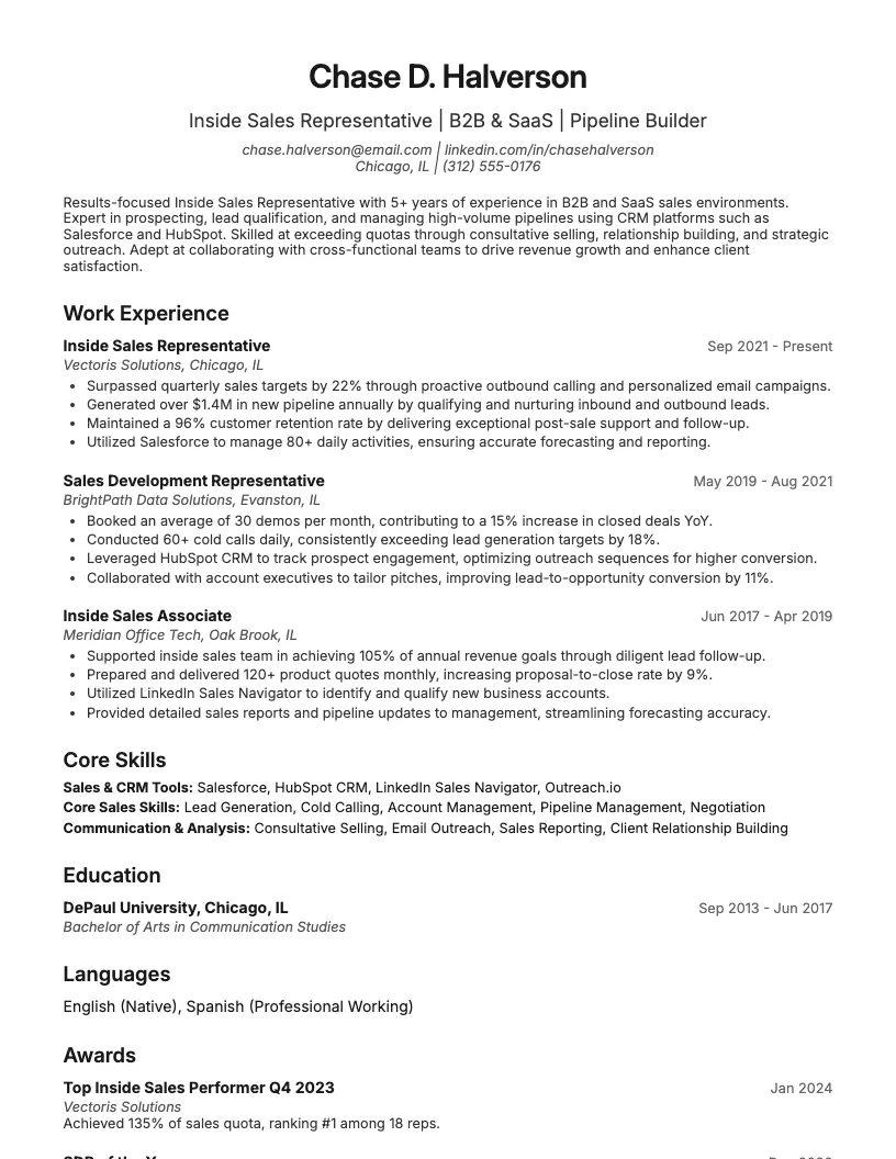 Inside Sales Representative Resume Example