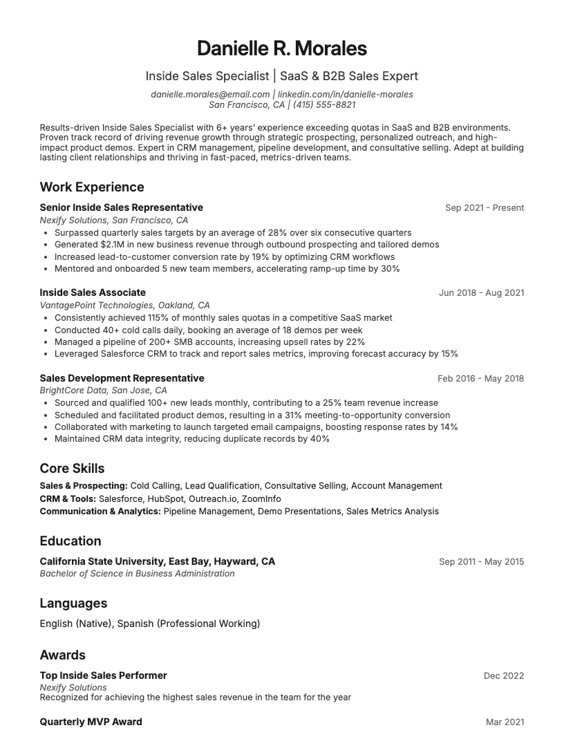 Inside Sales Resume Example