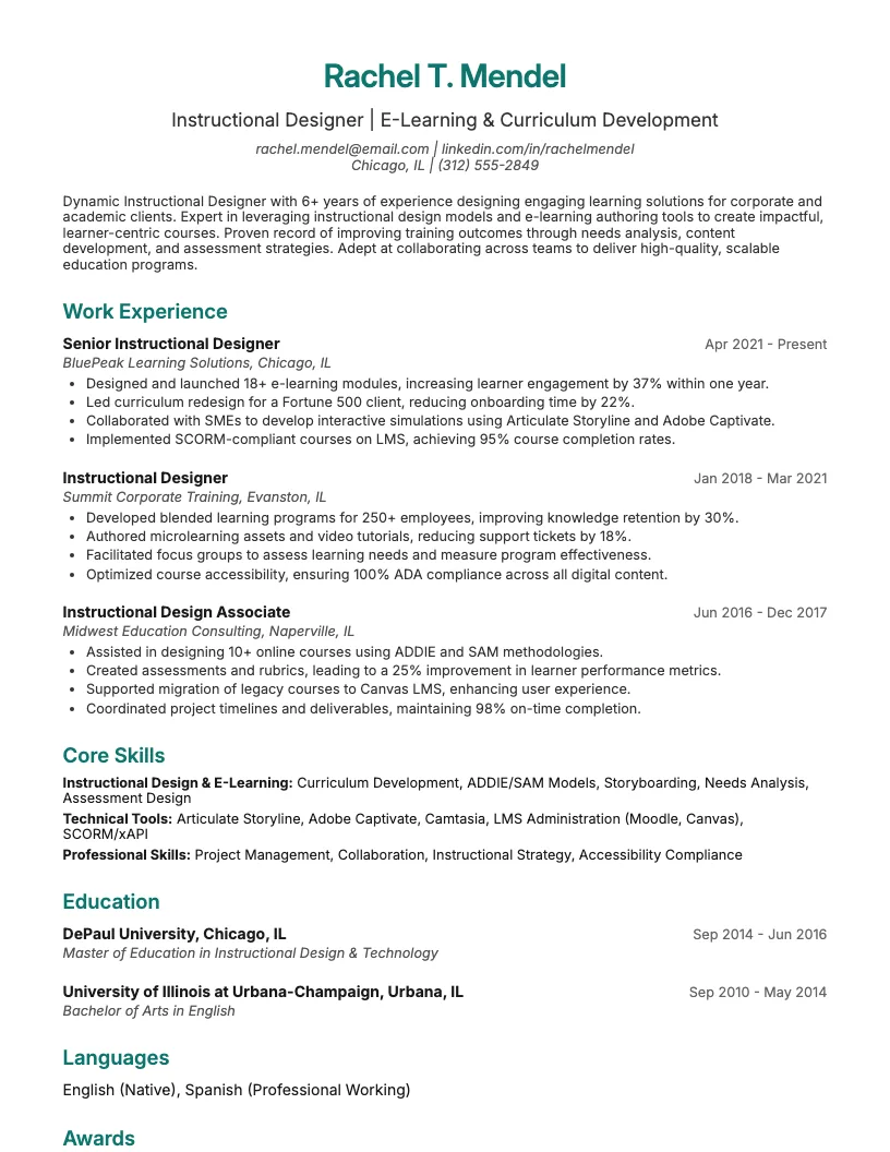 Instructional Designer Resume Example