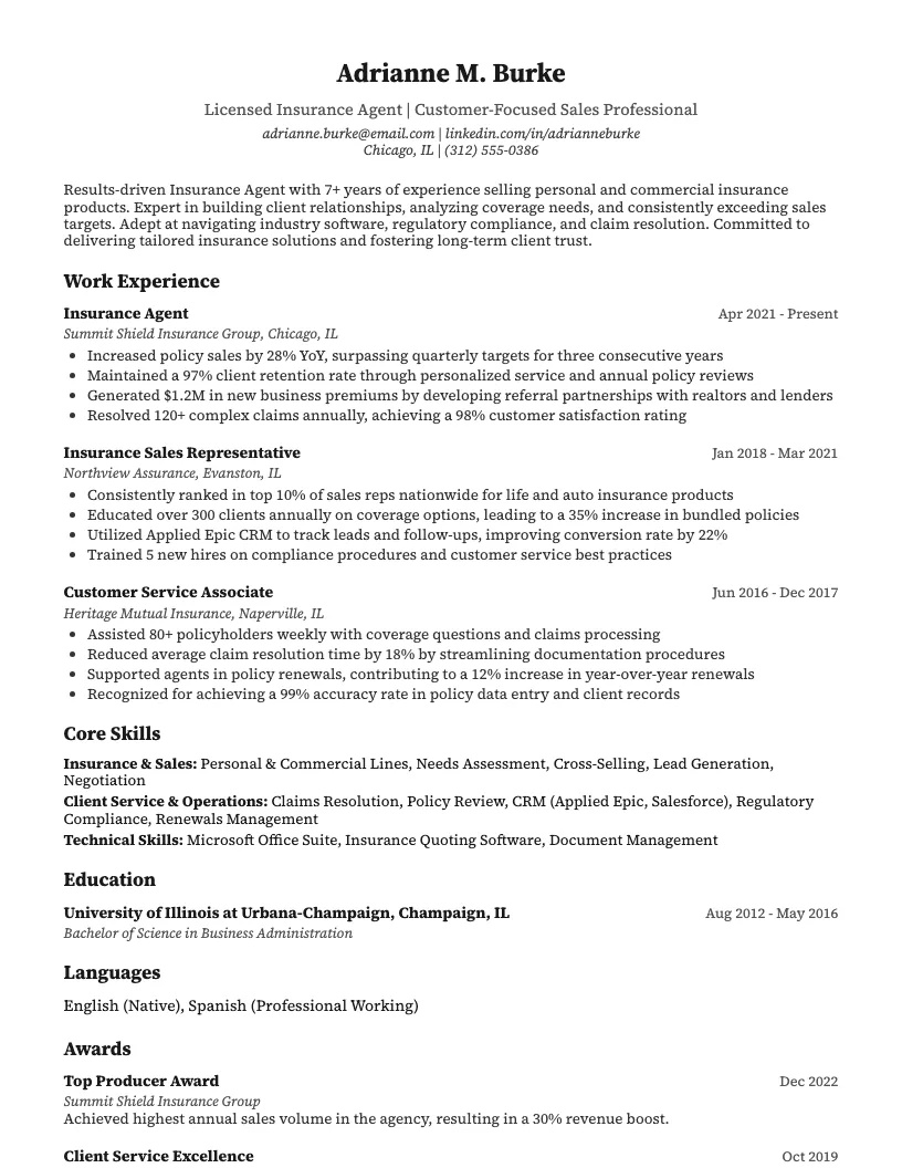 Insurance Agent Resume Example