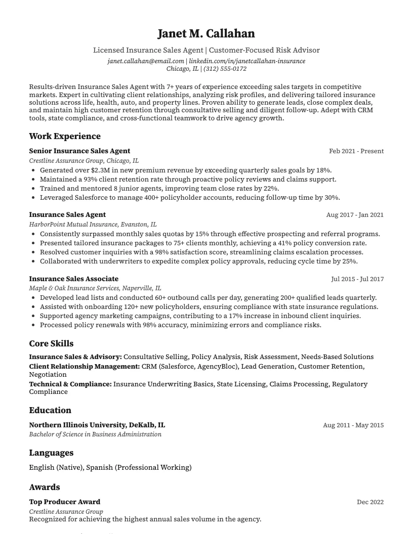Insurance Sales Agent Resume Example