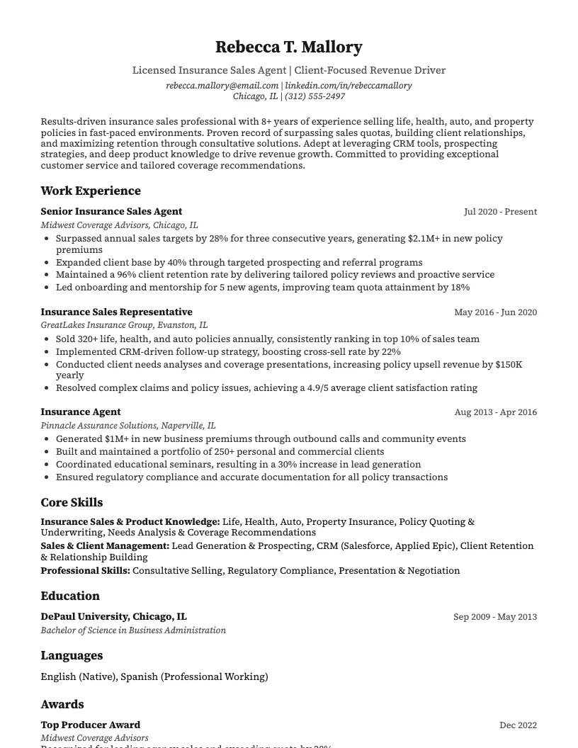 Insurance Sales Resume Example