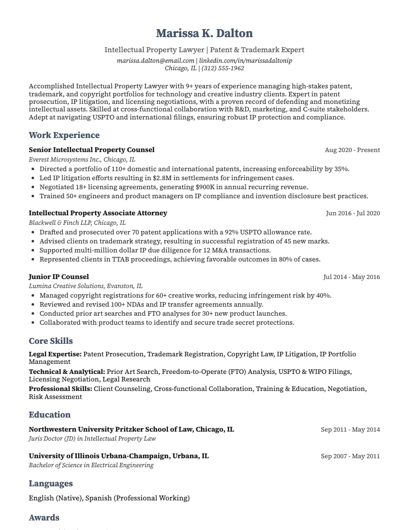 Intellectual Property Lawyer Resume Example