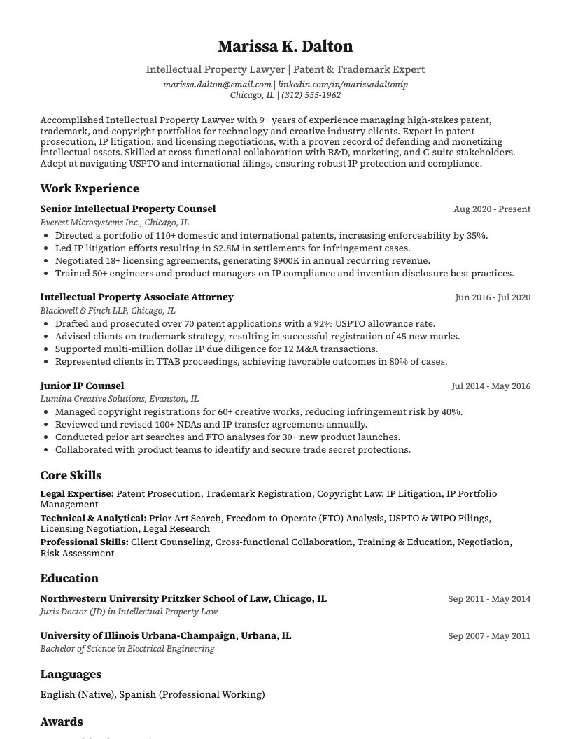 Intellectual Property Lawyer Resume Example