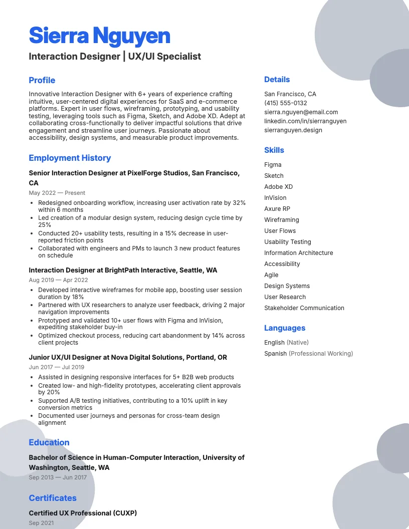 Interaction Designer Resume Example