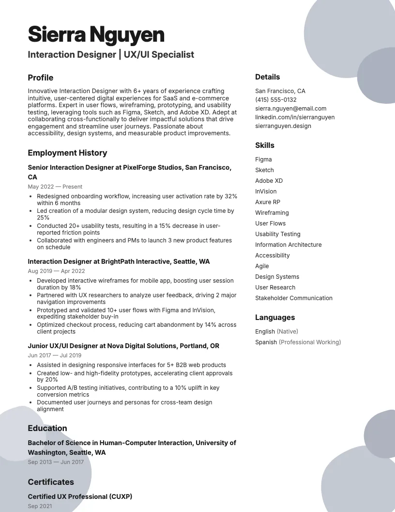 Interaction Designer Resume Example