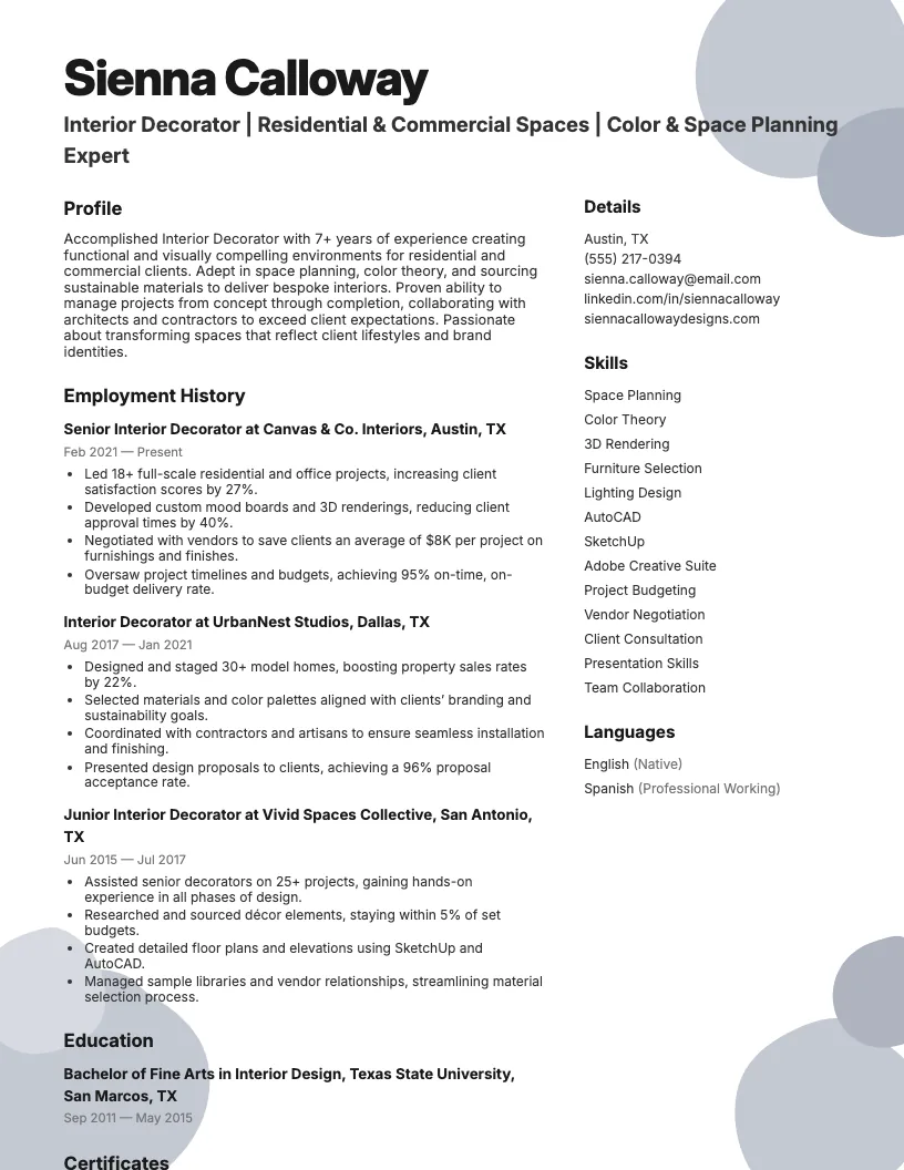 Interior Decorator Resume Example