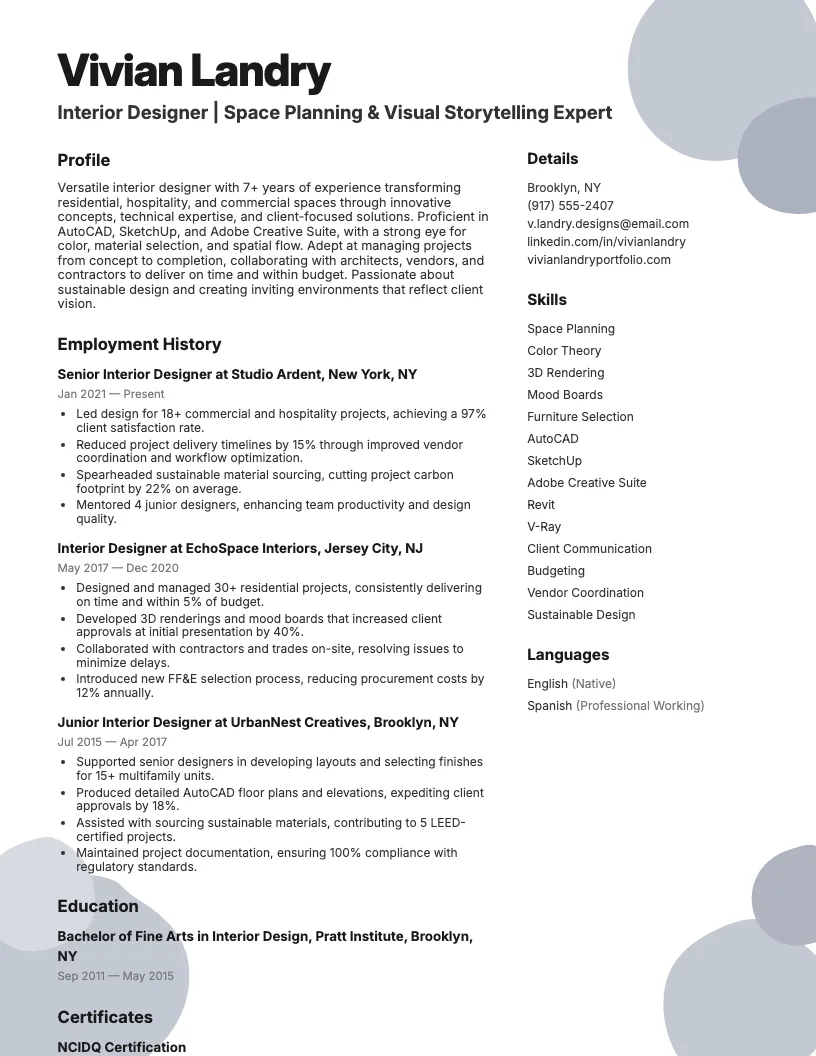 Interior Design Resume Example