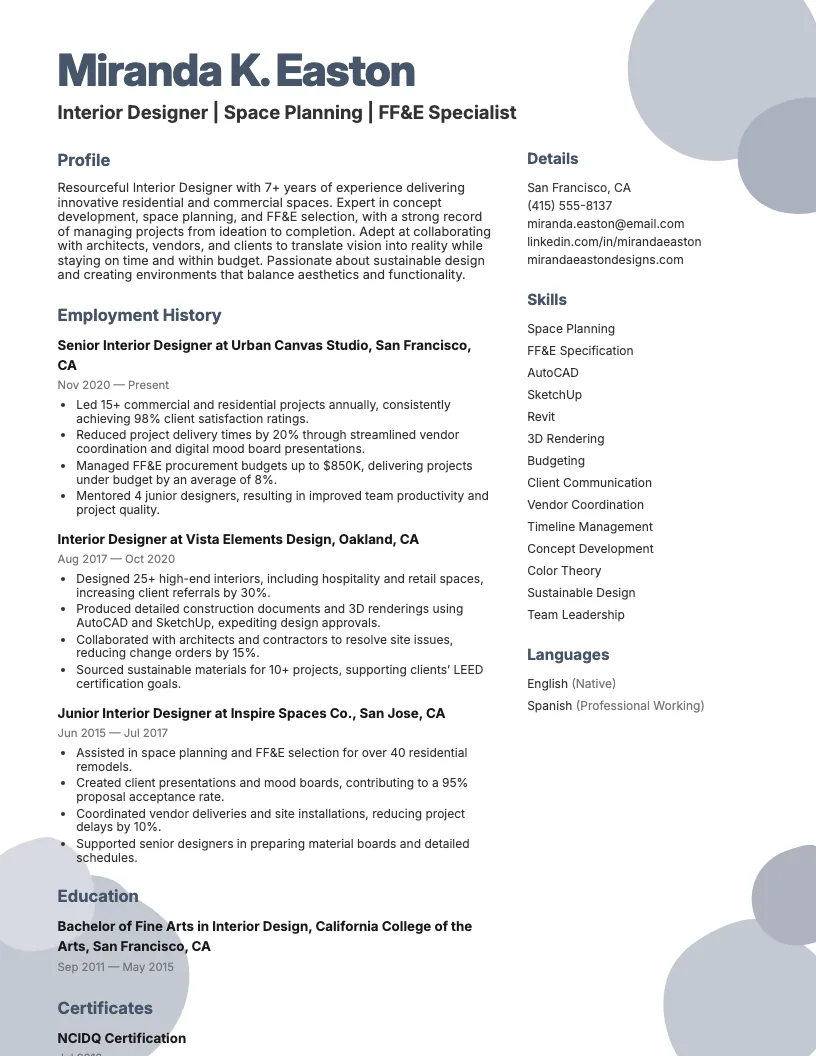 Interior Designer resume example