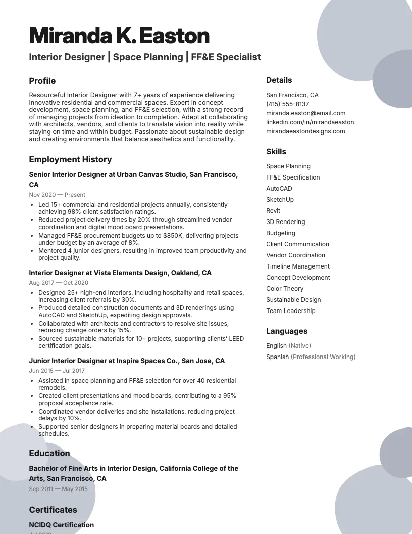 Interior Designer Resume Example