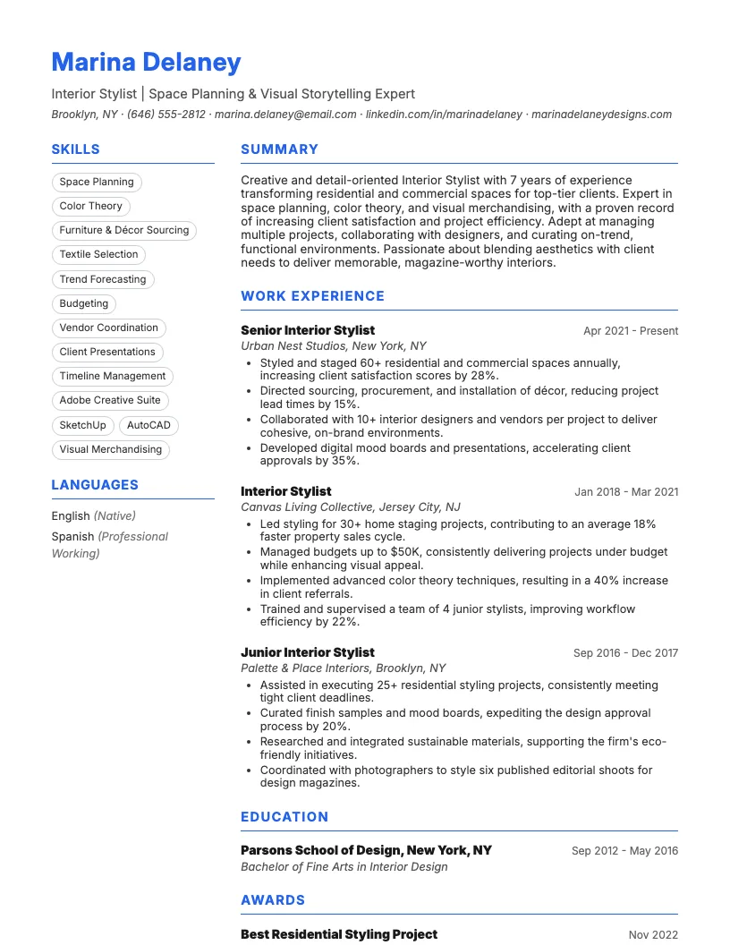 Interior Stylist Resume Example