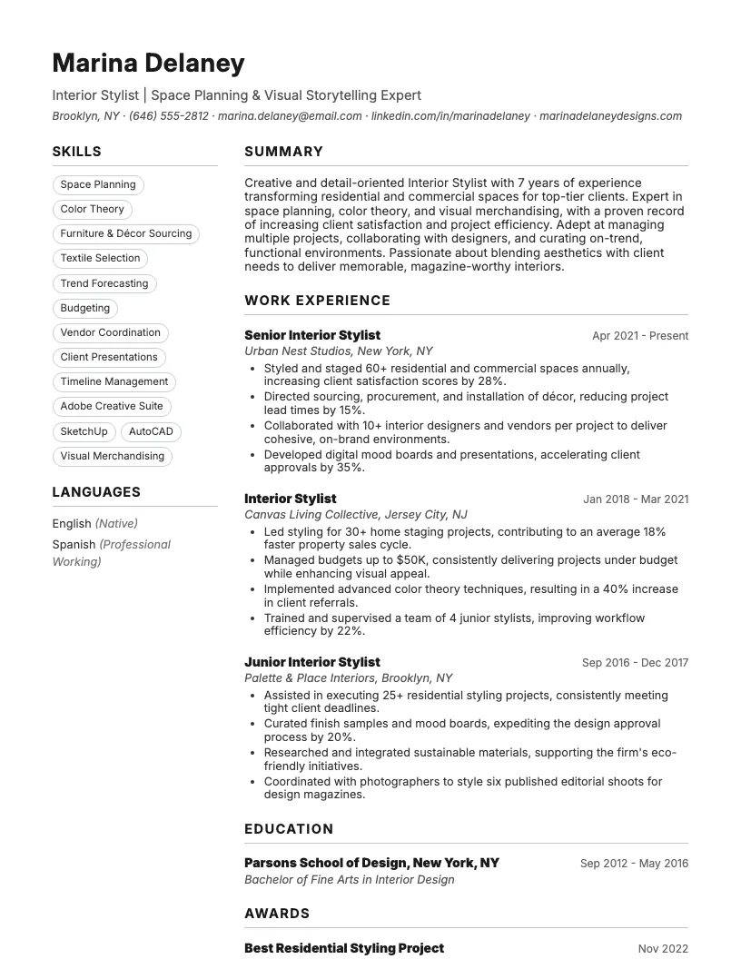 Interior Stylist Resume Example