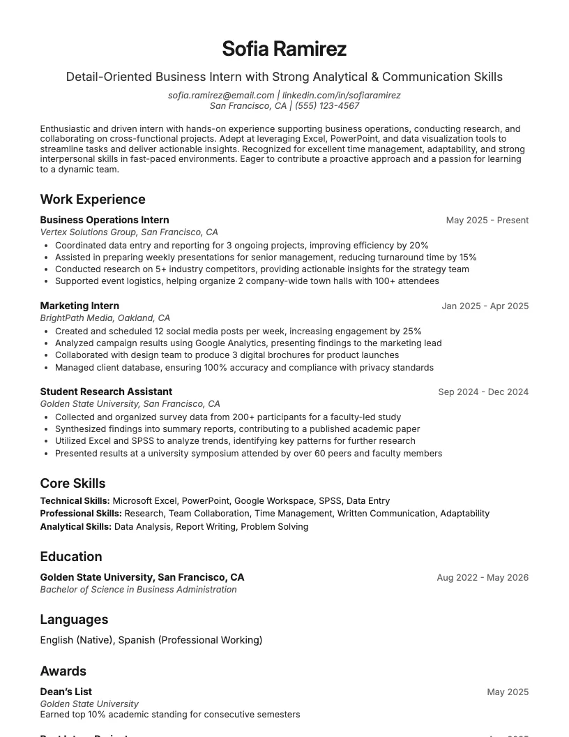 Internship Resume Examples Resume Example