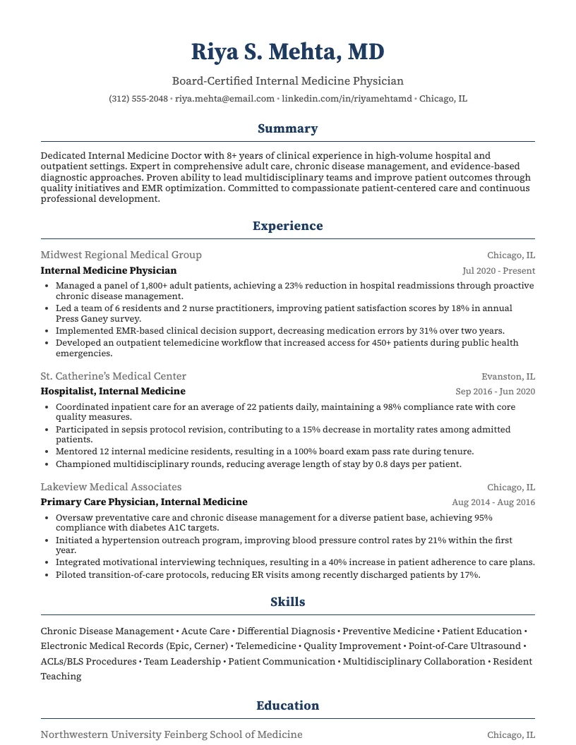 Internal Medicine Doctor Resume Example