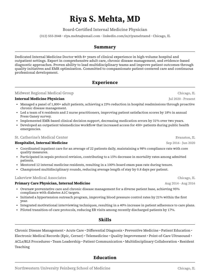 Internal Medicine Doctor Resume Example
