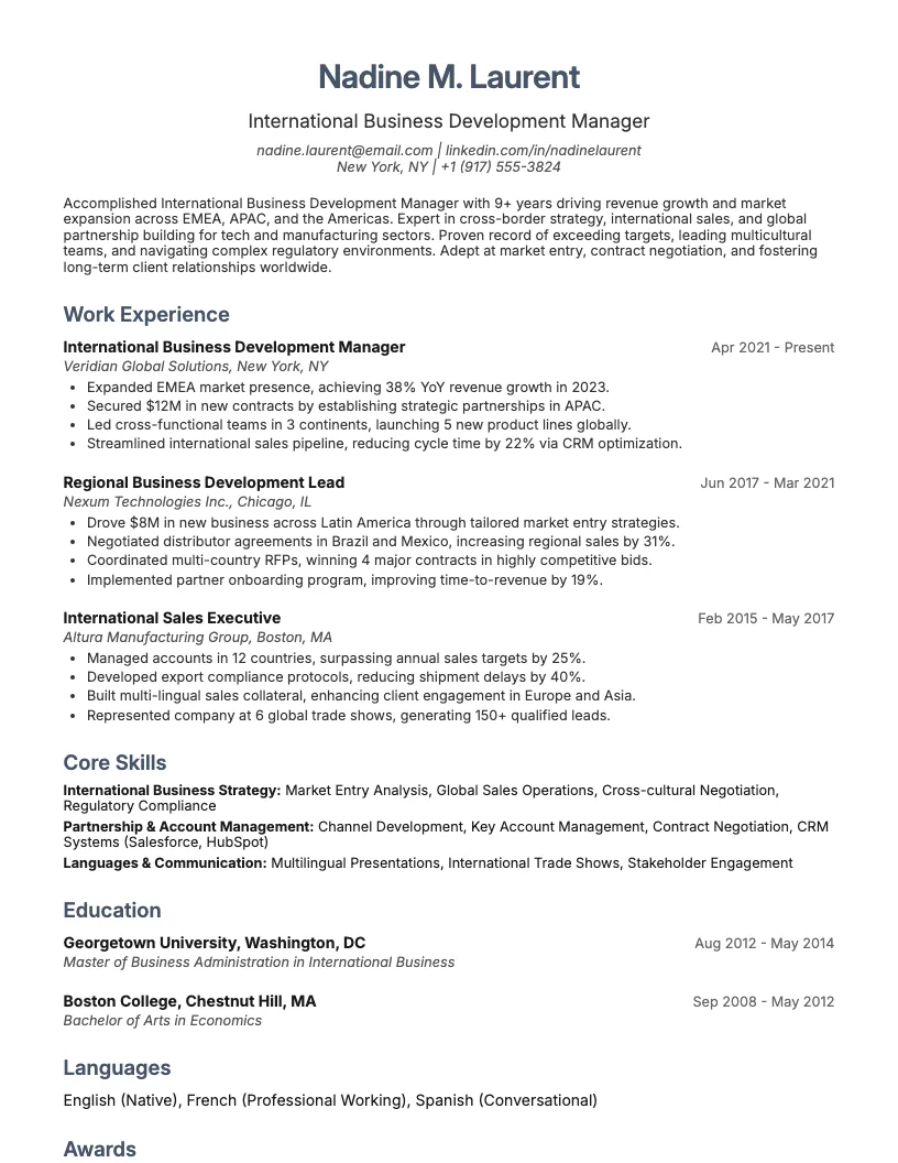 International Business Development Manager Resume Example