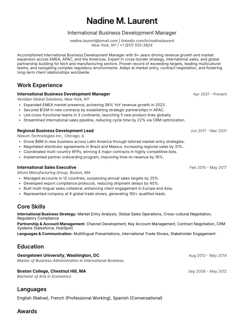 International Business Development Manager Resume Example