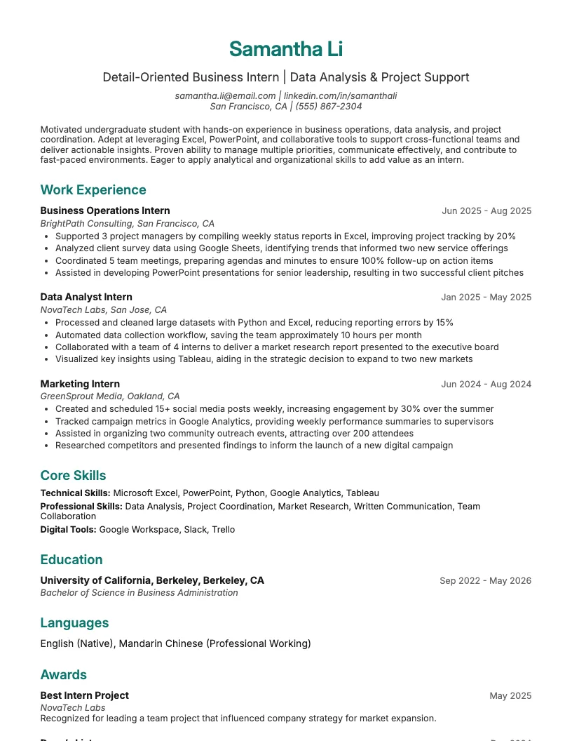 Internship resume example