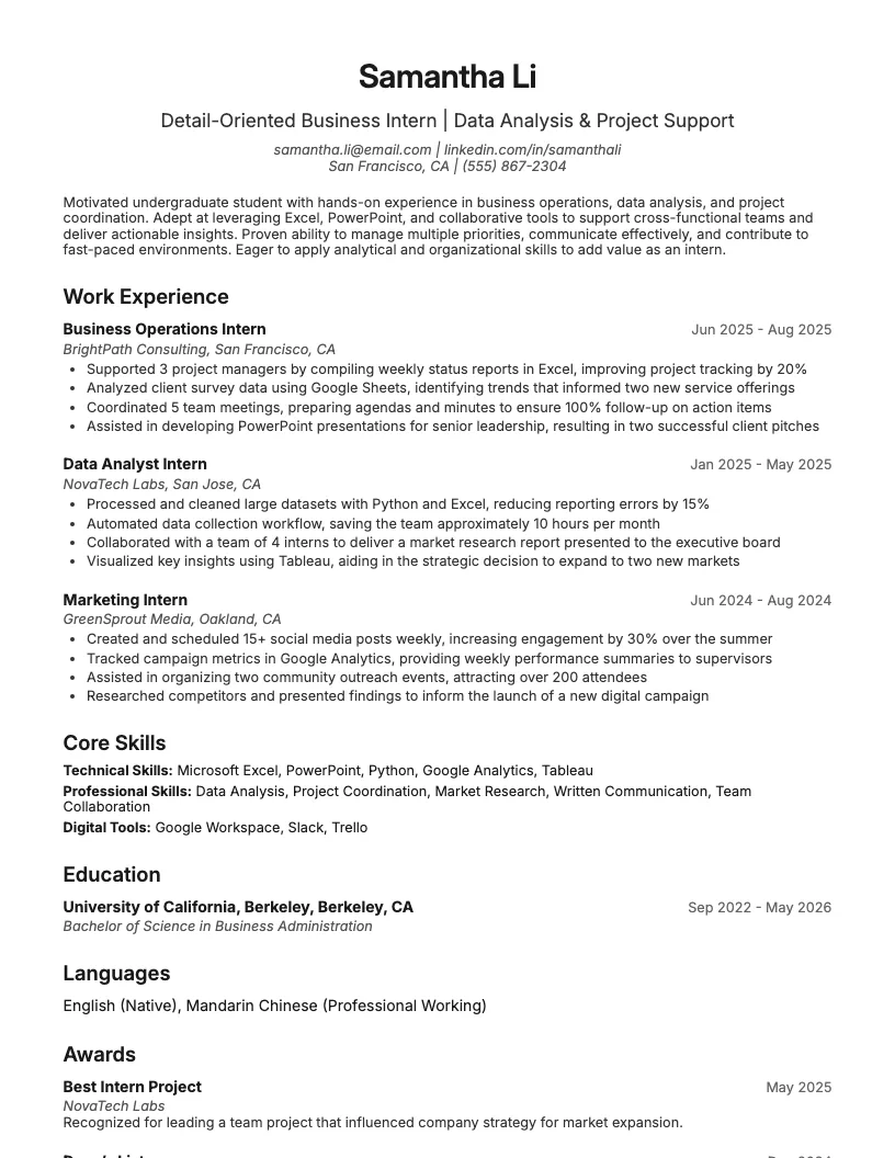 Internship Resume Example
