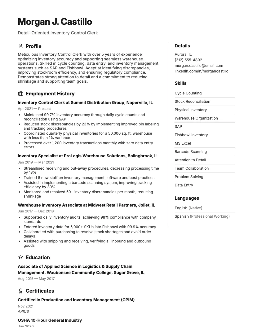 Inventory Control Clerk Resume Example