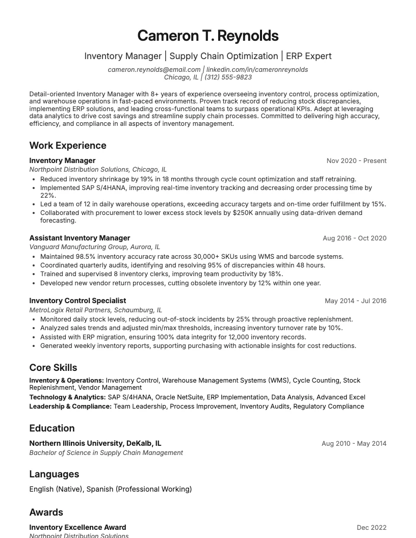 Inventory Manager Resume Example