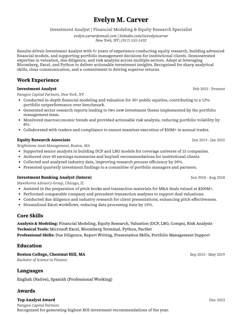 Investment Analyst Resume Example