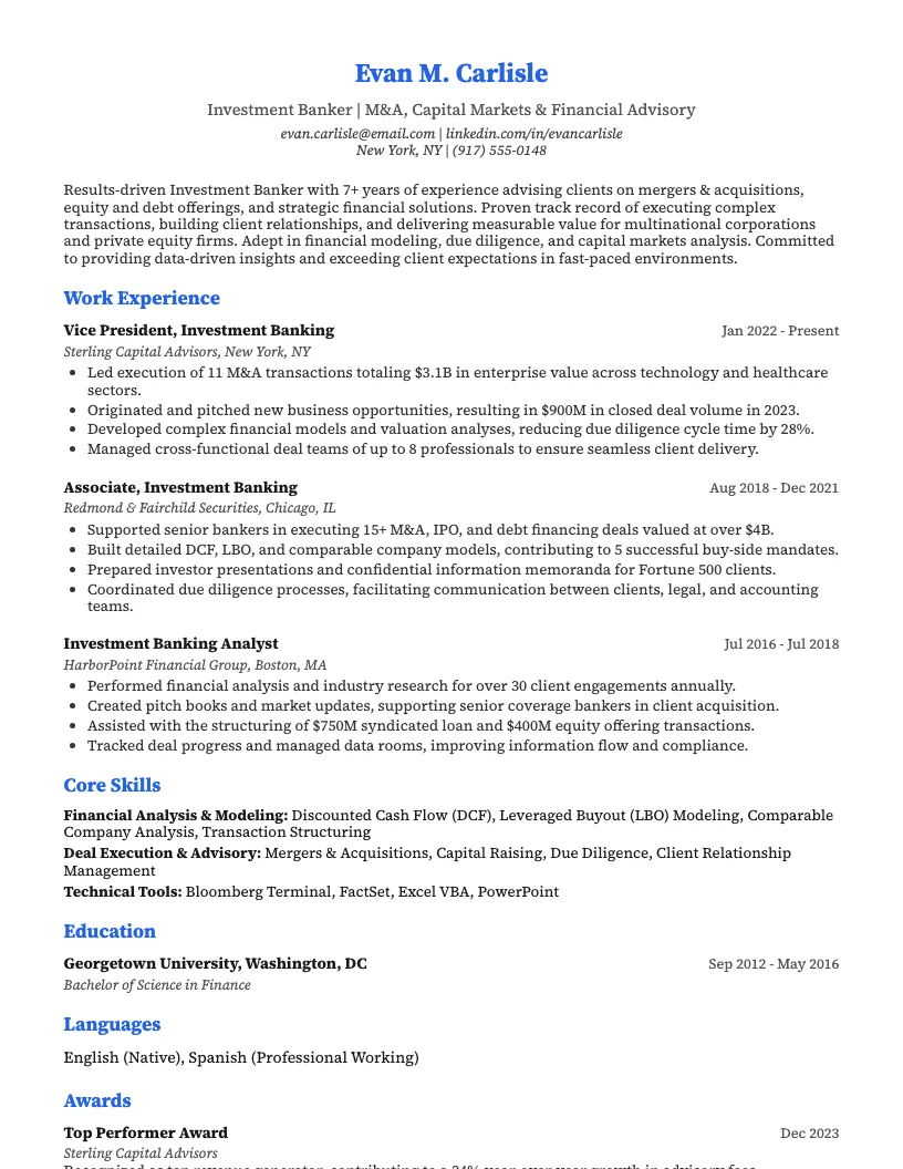Investment Banker Resume Example