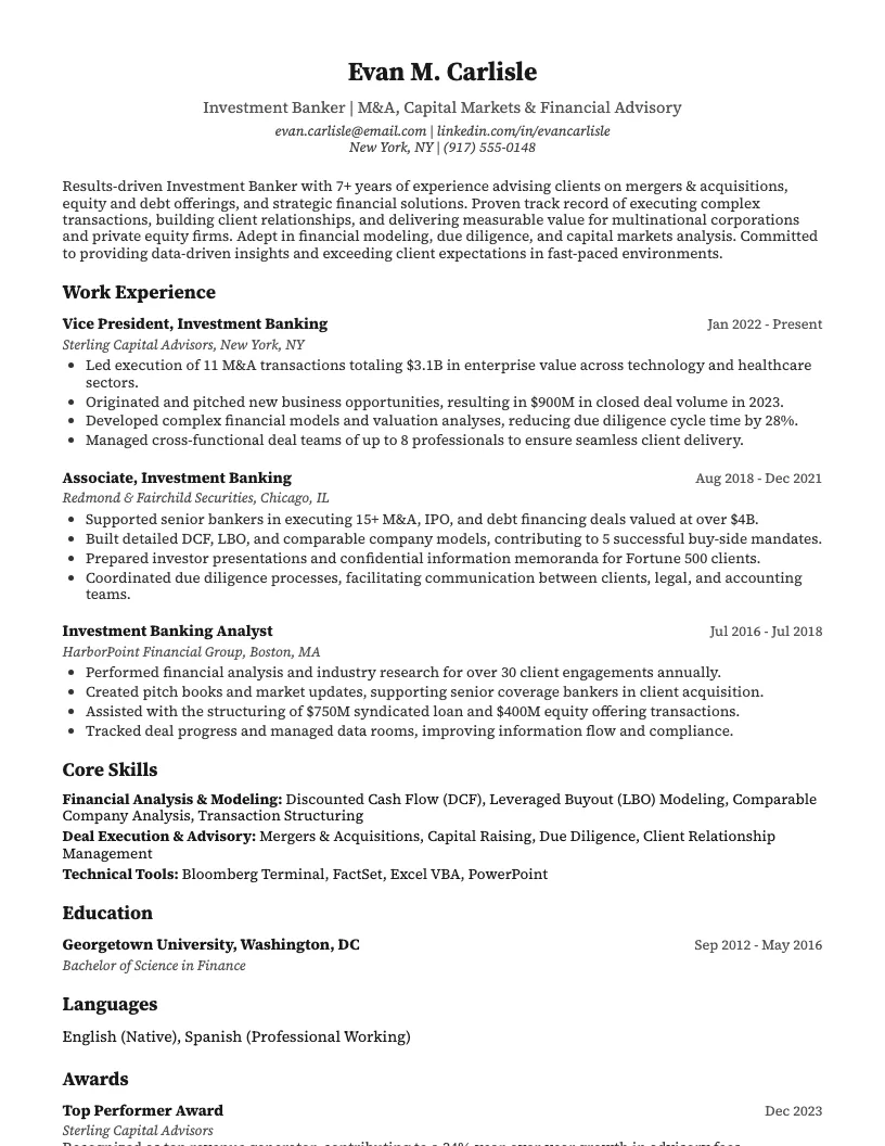 Investment Banker Resume Example