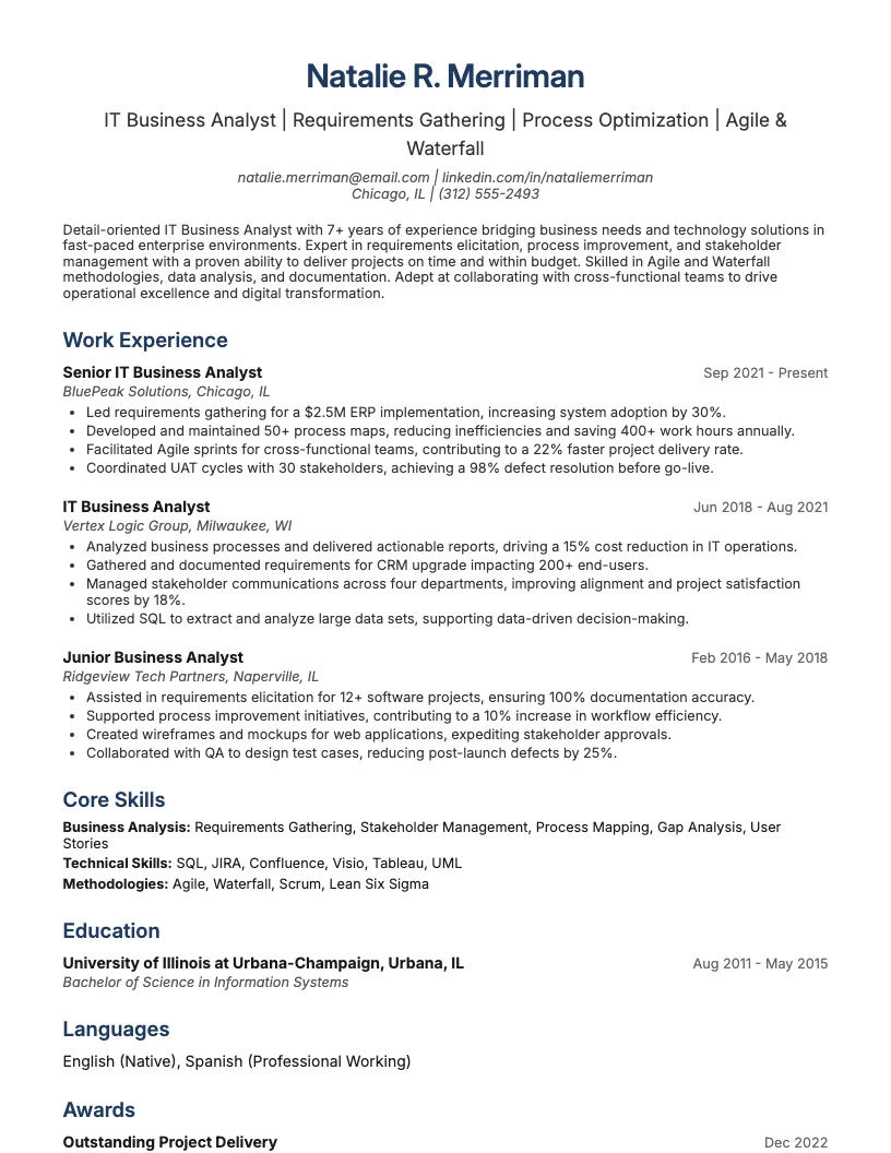 It Business Analyst Resume Example