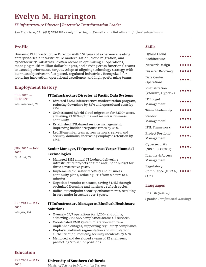 IT Infrastructure Director Resume Example