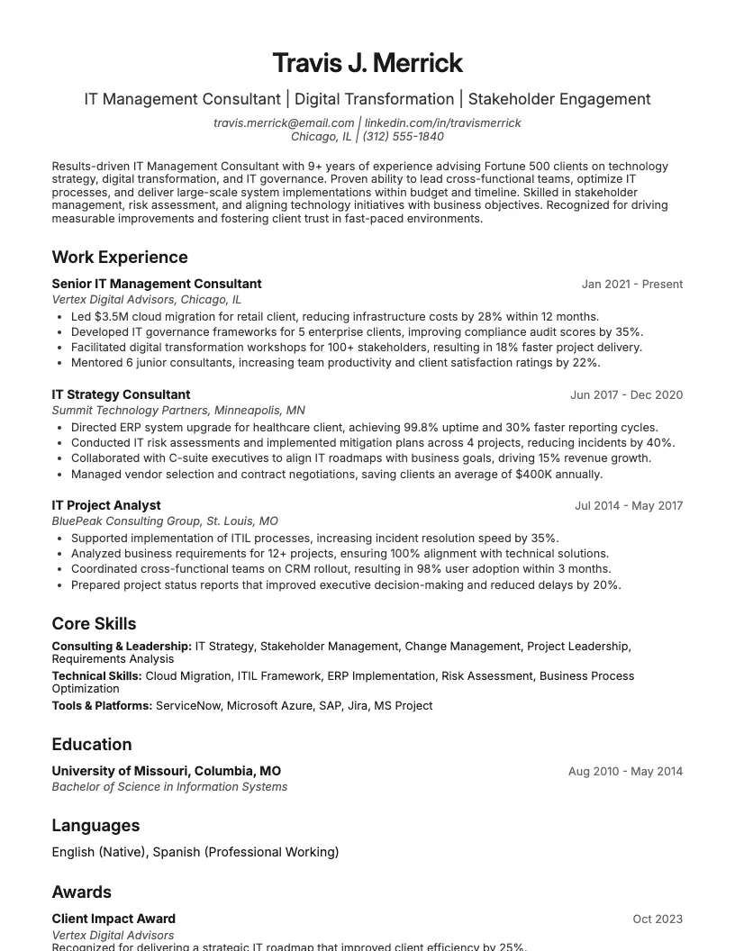 IT Management Consultant Resume Example