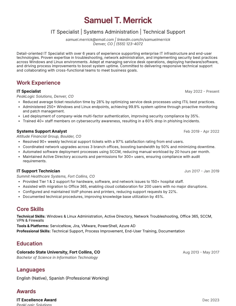 It Specialist Resume Example