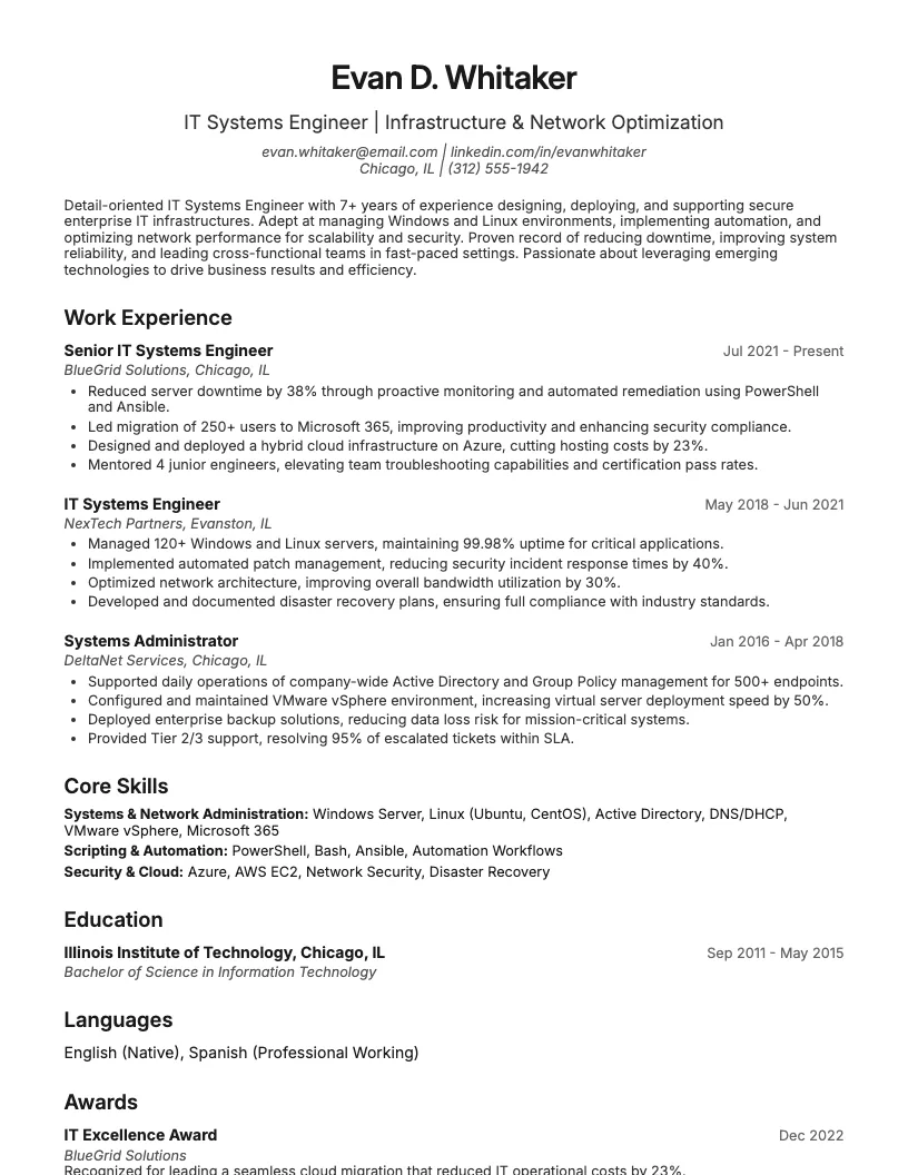 IT Systems Engineer Resume Example